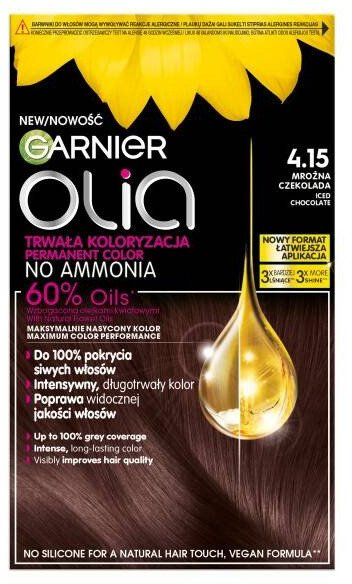 Bojë flokësh Garnier Olia 4.15 Iced Chocolate, pa amoniak, nuancë çokollatë e ftohtë