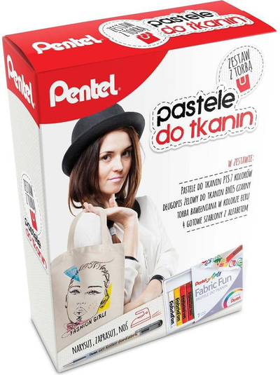 Set kreativ për tekstil Pentel PTS7, pastelë dhe stilolaps xhel, çantë pambuku natyrale