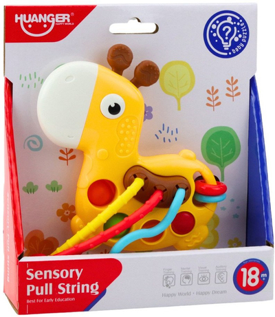 Lodër senzoriale për bebe Giraffe, me fije tërheqëse, plastike, e verdhë