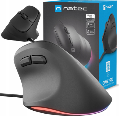 Вертикален глушец Natec CRAKE 2 PRO, оптички, 6 копчиња, со USB кабел, црн
