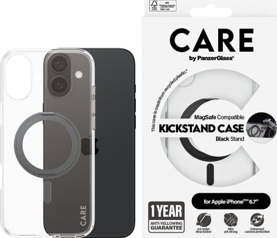Mbulesë telefoni PanzerGlass CARE Kickstand, për iPhone 16 Plus, MagSafe, transparente