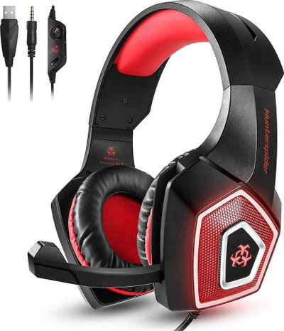 Kufje gaming HunterSpider V01, me mikrofon, me drita LED, t'kuqe