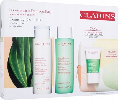 Set dhurate pastrimi Clarins Cleansing Essentials, qumesht pastrues 200 ml, locion tonik 200 ml, me çante