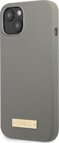 Mbështjellës telefoni Guess Silicone Logo Plate MagSafe për iPhone 13 mini, gri