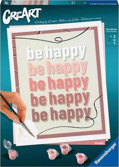 Set pikturimi me numra Ravensburger CreArt Be Happy, për kalamaj dhe të rritur, për zbukurim, me plot ngjyra