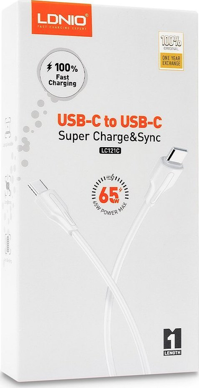Kabllo USB-C në USB-C LDNIO, 1m, e bardhë