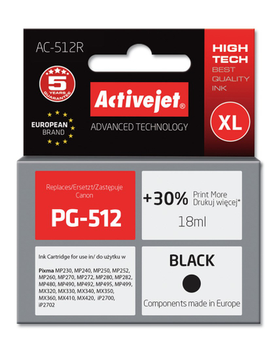 Ngjyrë për printer Activejet AC-512R (zëvendësim për Canon PG-512), 18 ml, e zezë
