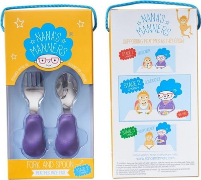 Set lugë dhe pirun për kalamoj Nana's Manners Stage 2, 1–3 vjeç, çelik inox, lejla