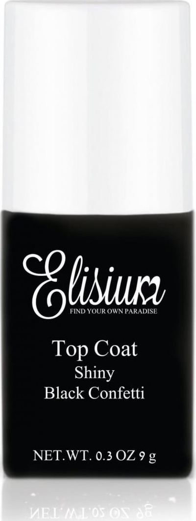 Top coat për thonj Elisium Shiny Top Black Confetti, 9g, me shkëlqim, me copa të zeza