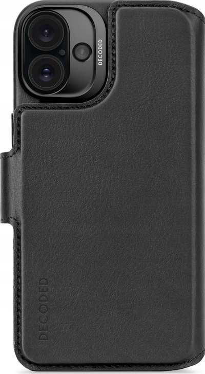 Këllëf portofol Decoded Leather Detachable për iPhone 16, lëkurë, i zi
