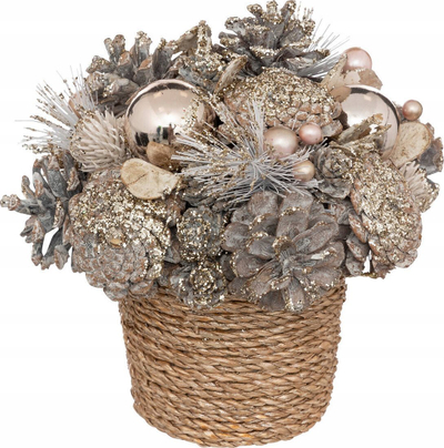 Dekor festiv në vazo të thurur, konë dhe toptha, 19 cm, ngjyrë ari