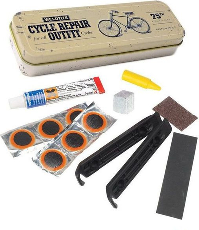 Set riparimi goma biçiklete Weldtite Vintage Cycle Repair Outfit Tin, komplet me arnime, kuti metalike