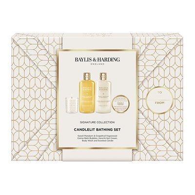 Set Baylis & Harding Mandarin & Grapefruit, xhel dushi, 300 ml + shkumë për vaskë, 300 ml + krem për duar, 50 ml + qiri aromatik, 60 g