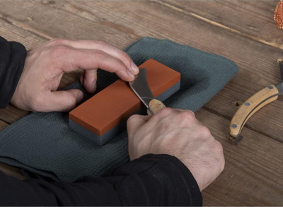 Set mirëmbajtjeje kopshti Esschert Design Garden Maintenance, gur mprehës dhe sfungjer metalik, leckë dhe vajosës, shumëngjyrësh