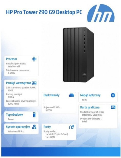 Kompjuter desktop HP 290 Tower G9, Intel Core i5-14400, 16GB RAM, 512GB SSD