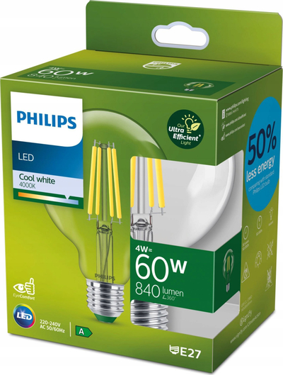 LED светилка Philips Globe G95 E27, 4W, 840lm 4000K, транспарентна