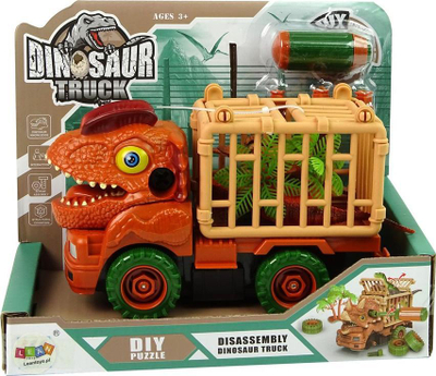 Kamion lodër dinosauri Leantoys DIY, me kafaz dhe dinosaurusë, portokalli