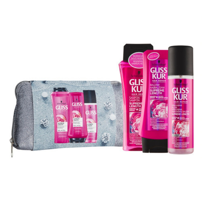 Set për flokë Gliss Kur Supreme Length, shampo 250 ml + balsam për flokë 200 ml + balsam rigjenerues 200 ml + çantë kozmetike