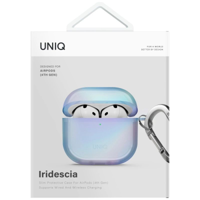 Kuti mbrojtëse Uniq Iridescia për AirPods 4, TPU, me karabinë, blu