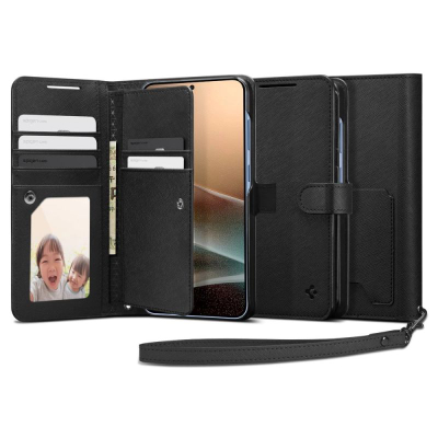 Kështëllë telefoni Spigen Wallet S për Samsung Galaxy S25+, me portofol për karta, funksion për ta vënë stand, e zezë