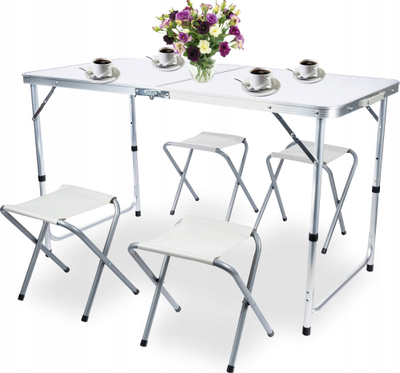 Set tavoline kempingu me 4 stola, palosëse, 120x60x70 cm, e bardhë