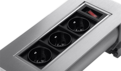 Prizë e integruar tavoline Rotary Lockable, 3x AC, buton ON OFF, inox
