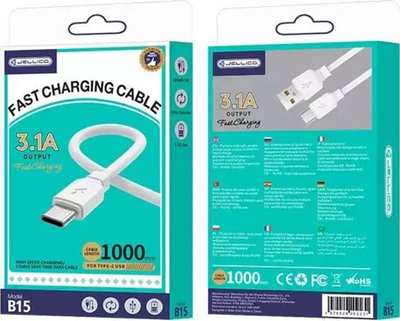 Кабел за полнење Јелико B15, USB во USB C, 3.1A, 1m, бел