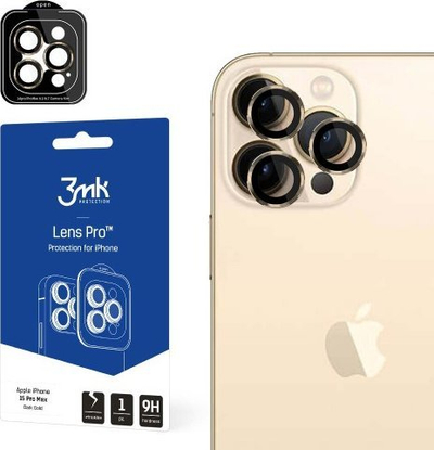 Mbrojtës kamere 3MK Lens Protection Pro për iPhone 15 Pro Max 6.7\", me kornizë montimi, ngjyrë ari i errët