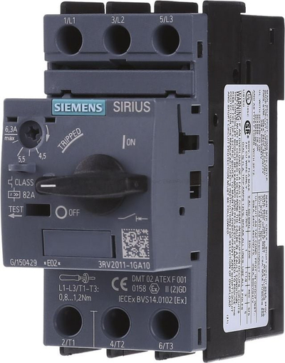 Ndërprerës motorik Siemens SIRIUS 3RV2011-1GA10, 4.5-6.3A, 690V AC, gri