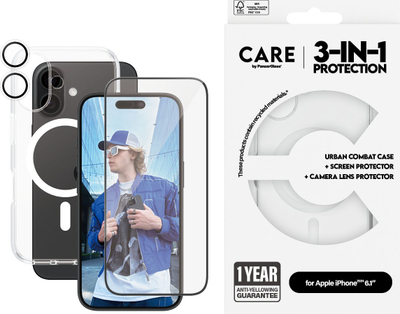 Set mbrojtës CARE by PanzerGlass Flagship 3‑në‑1 për iPhone 16, 6.1", shkon me MagSafe, transparent