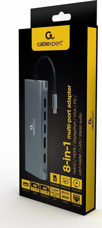 Dock USB C Gembird A CM COMBO8 01, 8 me 1, USB 3.2, gri metalik