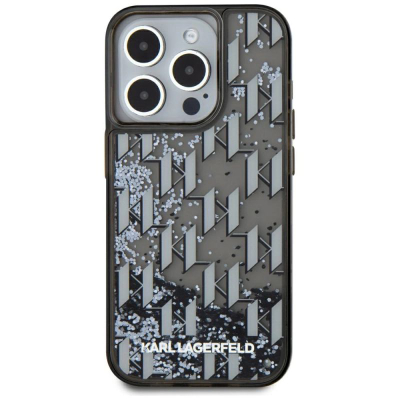 Заштитна маска Karl Lagerfeld Liquid Glitter Monogram Gradient, за iPhone 15 Pro Max, TPU, црна