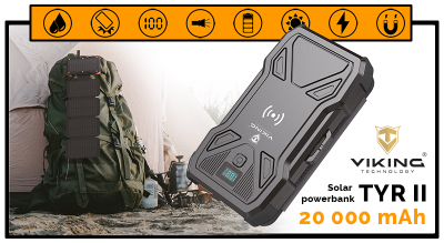 Соларен power bank VIKING TYR II, 20000mAh, QC3.0 и Power Delivery, црн