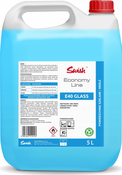 Detergjent për xhama Swish E40, koncentrat 5L, për pastrim xhamash edhe sipërfaqesh qelqi