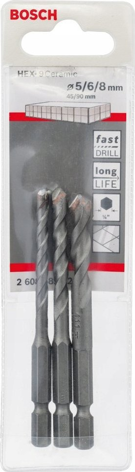 Set stërvitjesh për mur Bosch HEX-9 Ceramic 2608589527, 3 copa, diametra 5 6 8 mm, gri