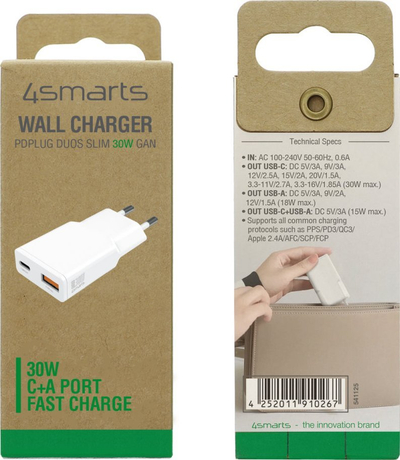 Karikues mural 4smarts PDPlug Slim Duos, 30W GaN, USB C 1x USB A 1x, i bardhë
