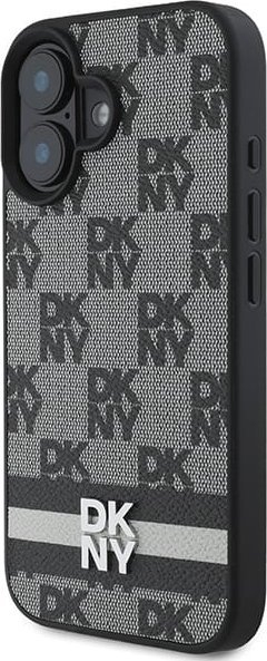 Kapak telefoni DKNY me lëkurë PU me kuadrata, për iPhone 16, model me vija, i zi