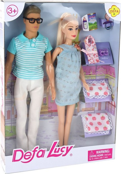 Set kukulla Defa Lucy Family, çift me bebe, aksesorë shtatzënie, shumëngjyrësh
