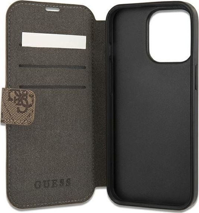 Kapak libri Guess GUBKP13X4GMGBR për iPhone 13 Pro Max 6.7", lëkurë ekologjike, logo metalike 4G, kafe