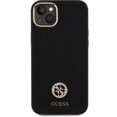 Guaskë telefoni Guess Silicone Logo Strass 4G për iPhone 15 Plus / 14 Plus, silikoni, e zezë