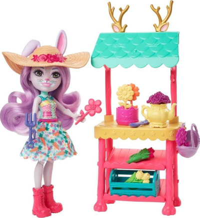 Set lodrash Mattel Enchantimals Bunny Market, kukull 15 cm, mbi 35 gjëra brenda, me shumë ngjyra