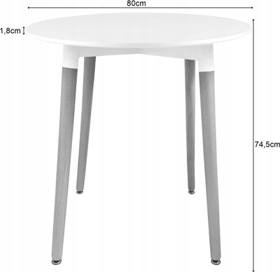 Маса KAMI Round, 80cm, дрвени нозе природна боја, бела