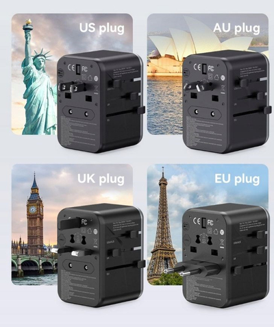 Adapter universal udhëtimi Vention GaN, 4 porta USB C dhe A, 65W, i zi