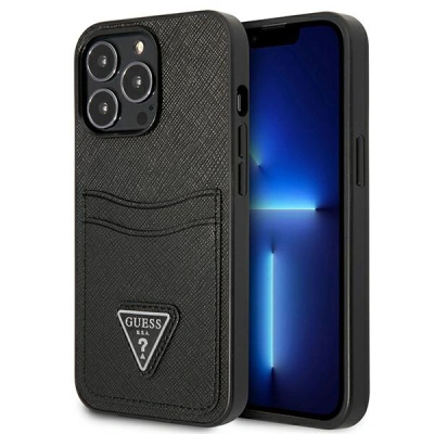 Çfutëse telefoni Guess GUHCP13LPSATPK për iPhone 13 Pro / 13 6.1", Saffiano, me xhep kartash, e zezë