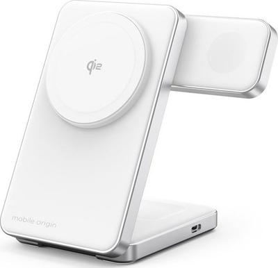 Karikues wireless Mobile Origin Qi2 CompactStand 3in1, MagSafe, palosës, i bardhë argjend