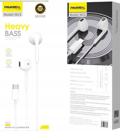 Слушалки со кабел Pavareal PA-M13, USB Тип C, микрофон, бели