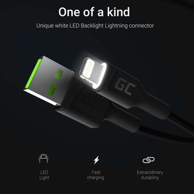 Кабел USB Green Cell KABGC05, USB A во Lightning, 1.2 m, црн
