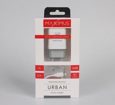 Karikues muri Maxximus Urban 2.1A, 2 porta USB, me kabllo Lightning 1m, i bardhë