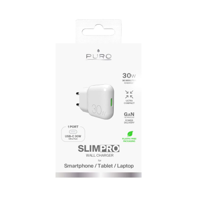 Ѕиден полнач Puro SLIMPRO, 30W, USB C, бел