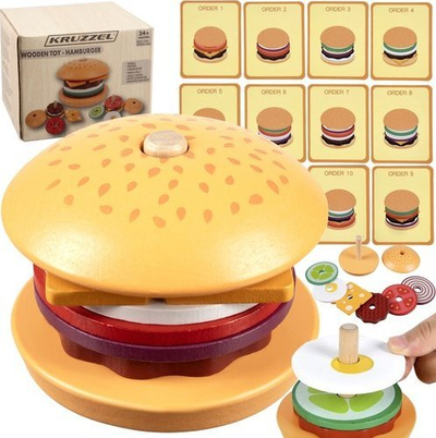 Lodër druri edukative Kruzzel 22673 Wooden Burger, set hamburgeri, shumëngjyrëshe